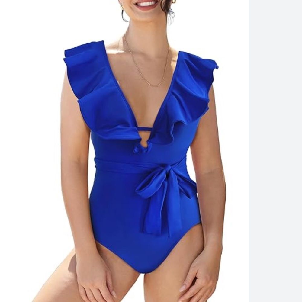 Blue Ruffle Belted One Piece Swimsuit size small
